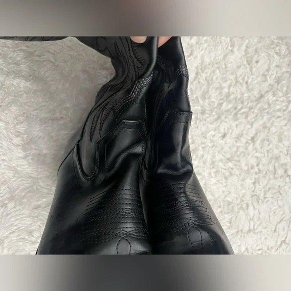 Black Western Embroidered Knee High Cowboy Boots Pointed Toe Festival Boots - Picture 12 of 16